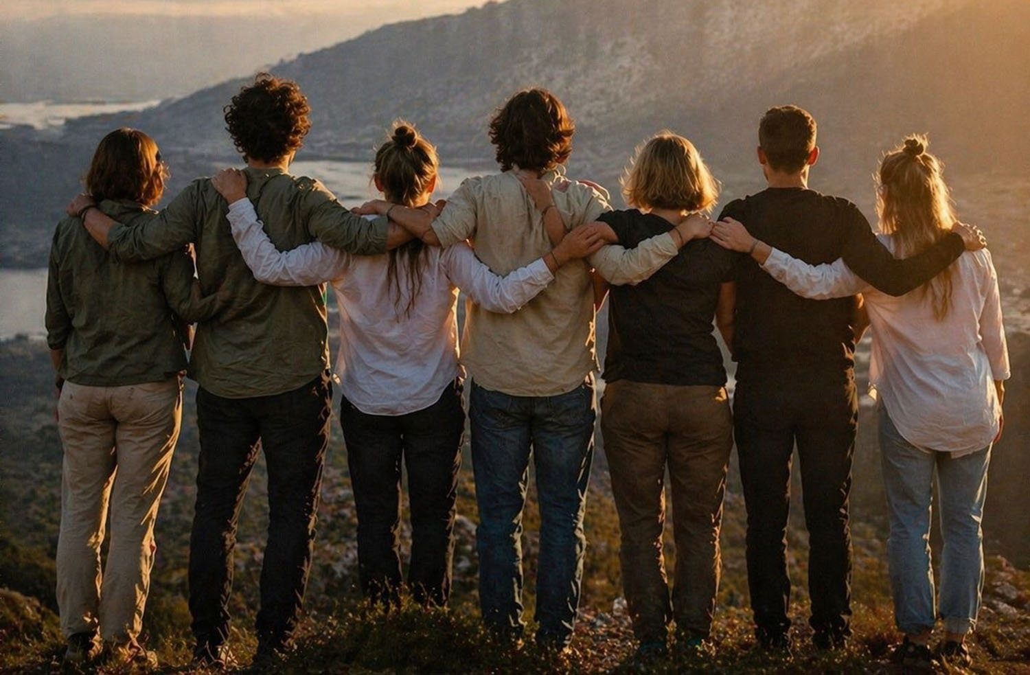 Menschengruppe Arm in Arm vor Bergkulisse im Abendlicht